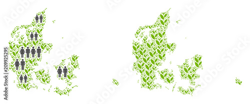 People population and flora Denmark map. Vector mosaic of Denmark map constructed of scattered person and agriculture elements in variable sizes.