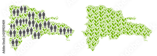 People population and flora plants Dominican Republic map. Vector concept of Dominican Republic map designed of scattered person and flora items in variable sizes.
