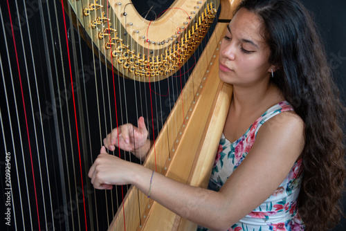 Close-up of a beautiful girl with long brown hair playing the harp. Detail of a woman playing the harp photo