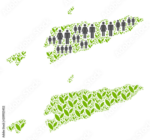 People population and environment East Timour map. Vector composition of East Timour map done of random human and agriculture items in various sizes.