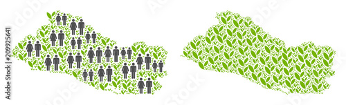 People population and ecology El Salvador map. Vector mosaic of El Salvador map constructed of random human and grass items in variable sizes.