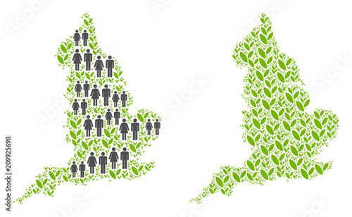 People population and flora plants England map. Vector abstraction of England map designed of scattered people and agriculture items in various sizes.