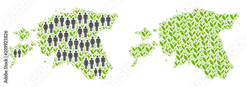 People population and ecology Estonia map. Vector mosaic of Estonia map designed of random person and plant elements in different sizes.