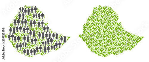 People population and flora Ethiopia map. Vector concept of Ethiopia map composed of random male and female and agriculture items in different sizes.