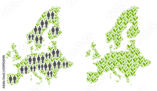 People population and eco European Union map. Vector mosaic of European Union map combined of random person and sprout items in different sizes.