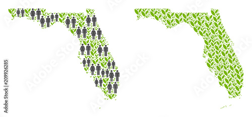 People population and grass Florida map. Vector abstraction of Florida map formed of scattered human and sprout elements in various sizes.