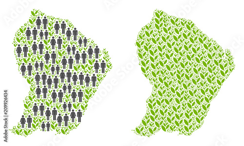 People population and flora French Guiana map. Vector abstraction of French Guiana map made of randomized crowd and agriculture items in variable sizes.