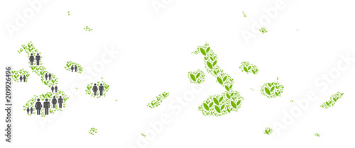 People population and green plants Galapagos Islands map. Vector mosaic of Galapagos Islands map made of randomized family and blossom items in various sizes.