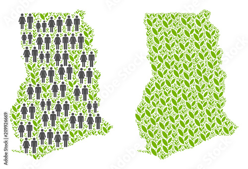 People population and flora Ghana map. Vector mosaic of Ghana map designed of random male and female and plant elements in variable sizes. Abstract social scheme of nation group cartography.