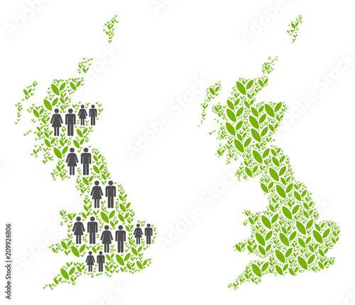 People population and environment Great Britain map. Vector pattern of Great Britain map organized of scattered person and plantation elements in various sizes.
