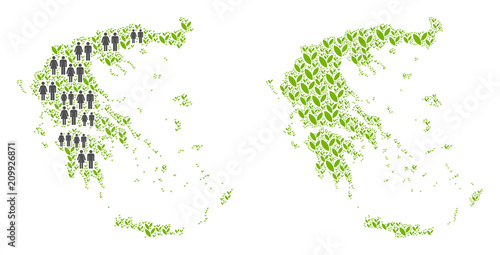 People population and environment Greece map. Vector pattern of Greece map formed of scattered man and woman and blossom elements in variable sizes.