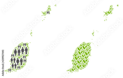 People population and floral Grenada map. Vector composition of Grenada map combined of scattered gender and agriculture items in various sizes.