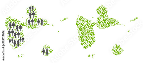 People population and environment Guadeloupe map. Vector collage of Guadeloupe map made of scattered male and female and agriculture elements in variable sizes.
