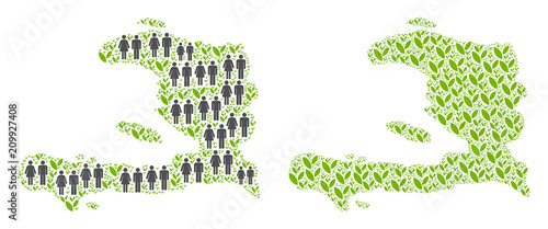 People population and environment Haiti map. Vector pattern of Haiti map organized of random lady and gentleman and flora elements in various sizes.