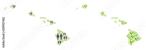 People population and flora Havaii Islands map. Vector concept of Havaii Islands map combined of random human and agriculture elements in various sizes.