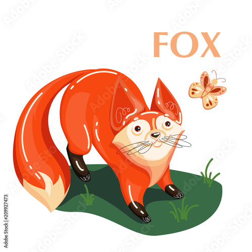 Educational flashcard fox and flying butterfly