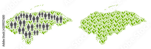 People population and green plants Honduras map. Vector pattern of Honduras map constructed of randomized people couple and plantation elements in variable sizes.