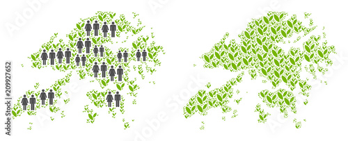 People population and floral Hong Kong map. Vector mosaic of Hong Kong map created of random lady and gentleman and plant items in various sizes. Abstract social scheme of nation group cartography.