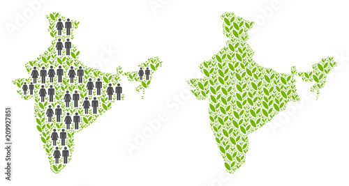 People population and floral India map. Vector abstraction of India map constructed of randomized human and blossom items in variable sizes. Abstract social representation of nation mass cartography.