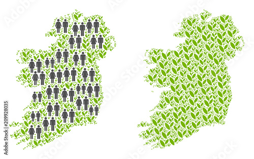 People population and floral Ireland Island map. Vector mosaic of Ireland Island map done of scattered men and woman and sprout items in variable sizes.