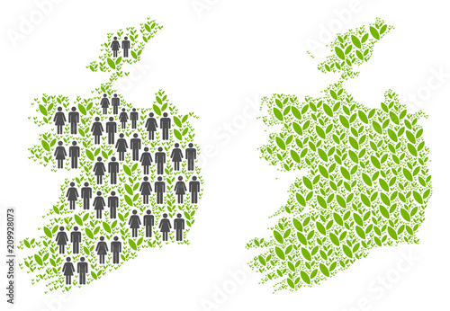 People population and floral Ireland Republic map. Vector mosaic of Ireland Republic map combined of scattered lady and gentleman and blossom elements in different sizes.