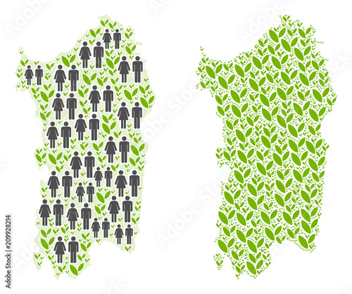 People population and flora plants Italian Sardinia Island map. Vector concept of Italian Sardinia Island map done of randomized gender and grass elements in different sizes.
