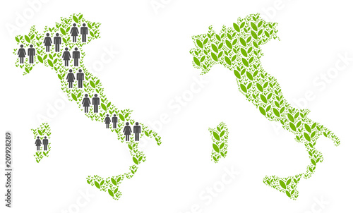 People population and grass Italy map. Vector pattern of Italy map organized of random human and plant elements in variable sizes. Abstract social scheme of national mass cartography.