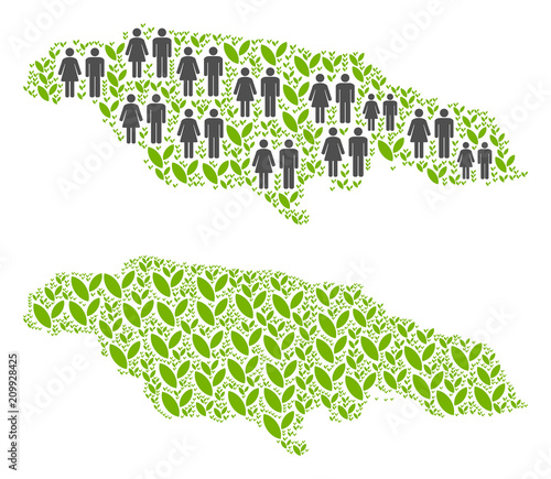 People population and environment Jamaica map. Vector mosaic of Jamaica map formed of random human and plantation items in different sizes. Abstract social plan of national group cartography.