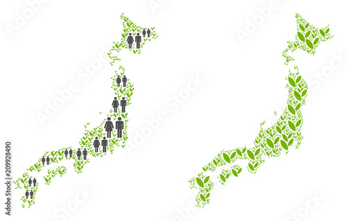 People population and environment Japan map. Vector collage of Japan map done of scattered people couple and grass items in various sizes. Abstract social representation of nation public cartography.