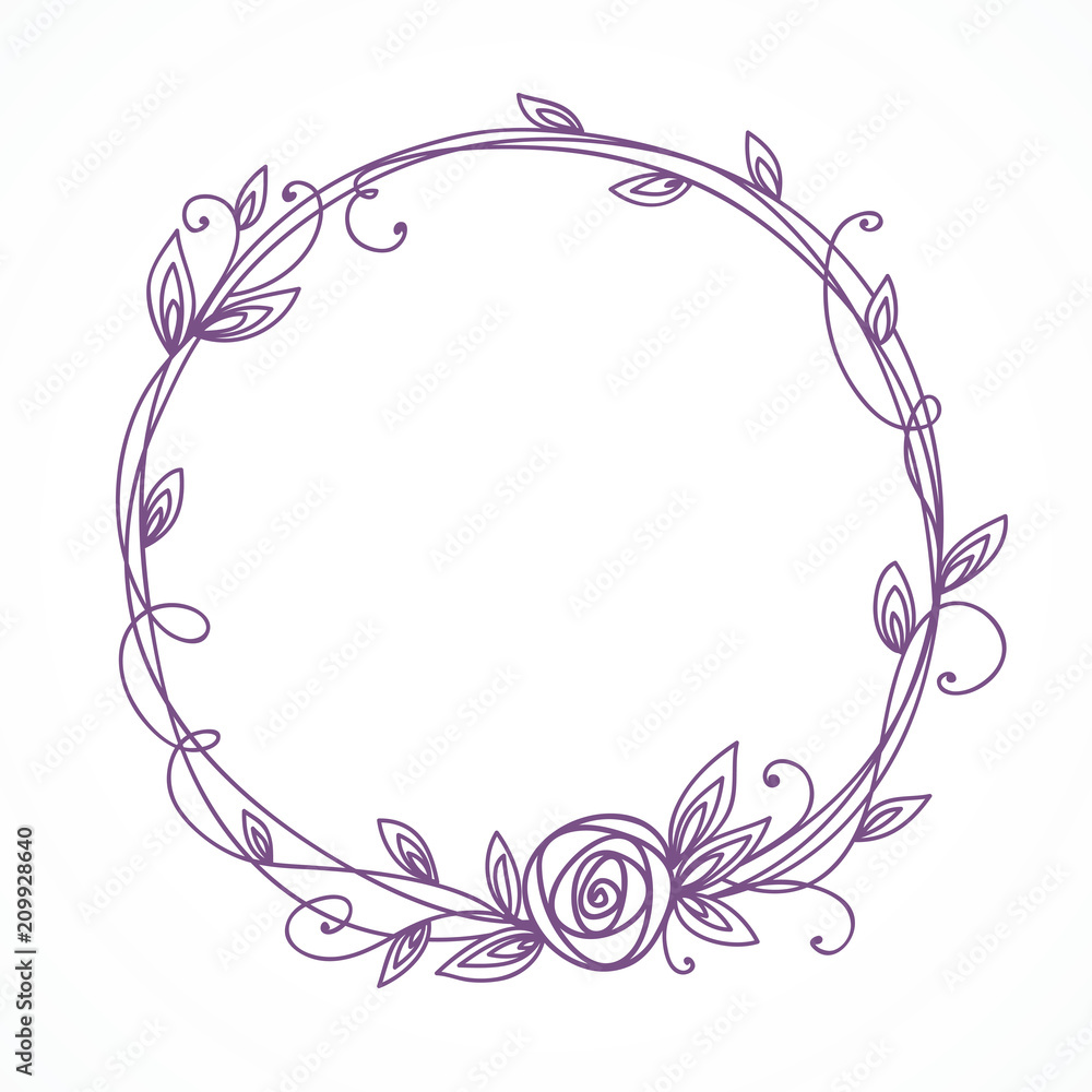 Floral Frame. Wreath with stylized rose and leaves. Decorative simple floral elements for design. Isolated illustration