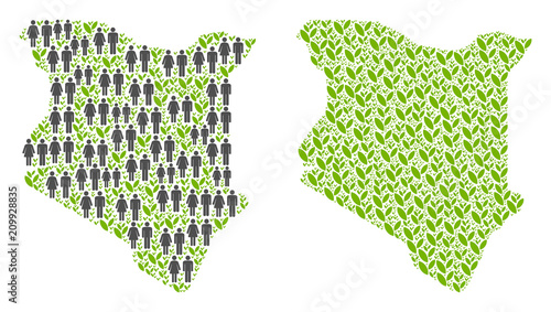 People population and flora plants Kenya map. Vector pattern of Kenya map formed of random lady and gentleman and sprout items in various sizes. Abstract social plan of nation audience cartography.
