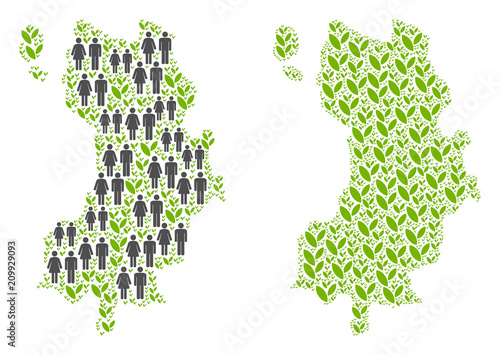 People population and green plants Koh Tao Thai Island map. Vector mosaic of Koh Tao Thai Island map constructed of random male and female and plantation elements in variable sizes.