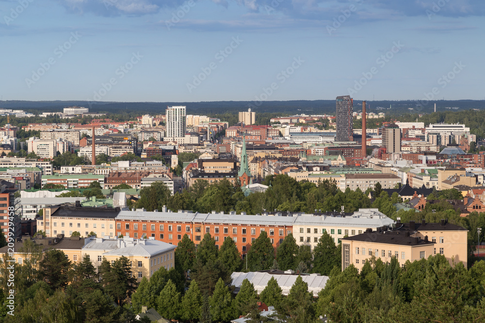 Buildings in downtown Tampere, Finland, viewed from above on a sunny day in the summer.