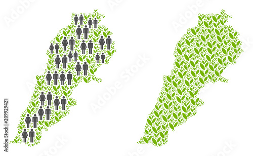 People population and ecology Lebanon map. Vector concept of Lebanon map made of random men and woman and sprout elements in various sizes. Abstract social plan of nation audience cartography.