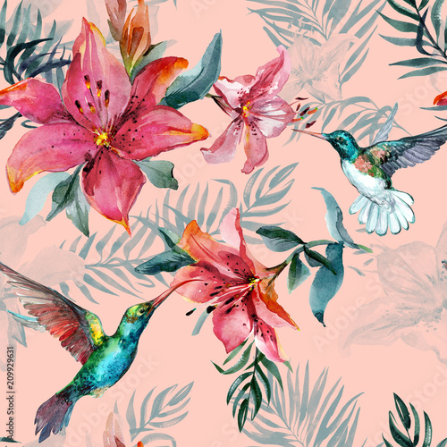 Piękne kolorowe latające kolibry i czerwone kwiaty na różowym tle. Egzotyczny tropikalny bezszwowy wzór. Malarstwo Watecolor. Ręcznie malowane ilustracja.