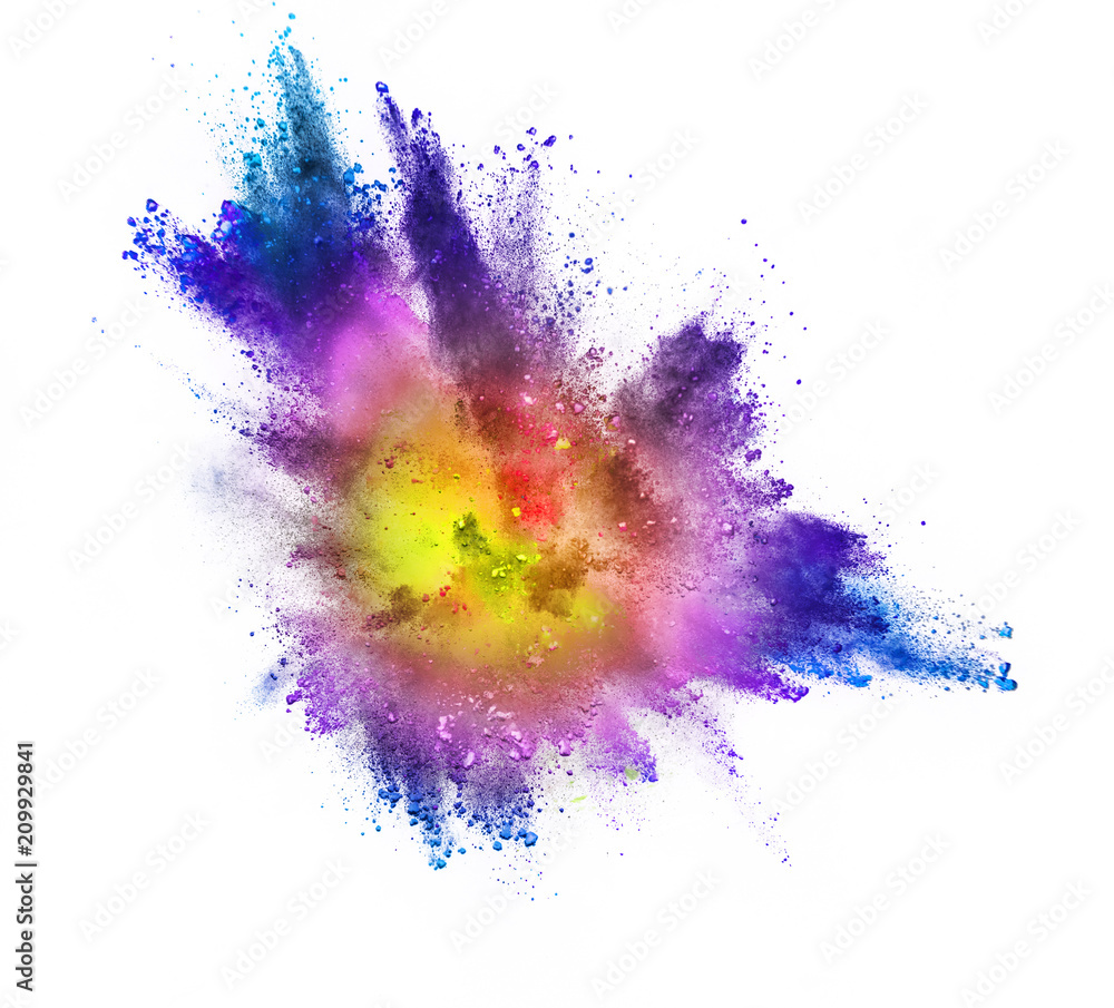 Colored powder explosion isolated on white background.