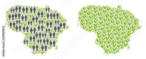 People population and flora plants Lithuania map. Vector pattern of Lithuania map organized of randomized people and plant elements in variable sizes.