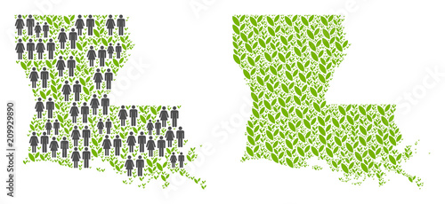 People population and eco Louisiana State map. Vector concept of Louisiana State map created of scattered lady and gentleman and sprout elements in various sizes.