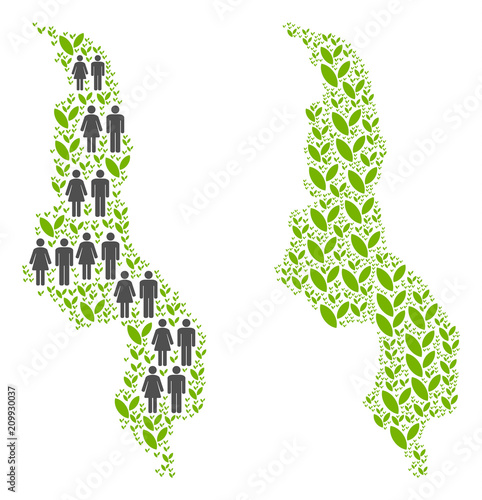 People population and eco Malawi map. Vector composition of Malawi map created of scattered male and female and plant elements in variable sizes.