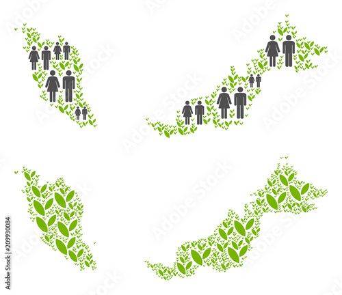 People population and environment Malaysia map. Vector concept of Malaysia map combined of scattered person and blossom items in various sizes.