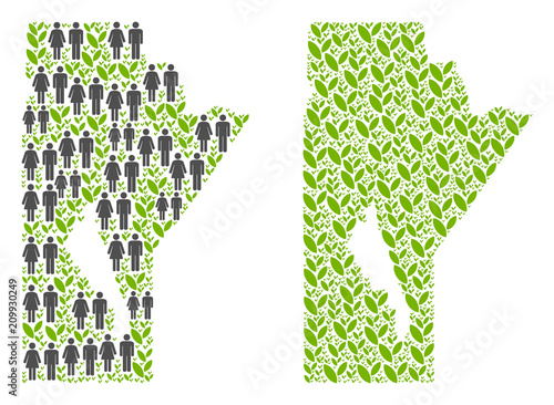 People population and grass Manitoba Province map. Vector composition of Manitoba Province map designed of randomized male and female and flora items in variable sizes.