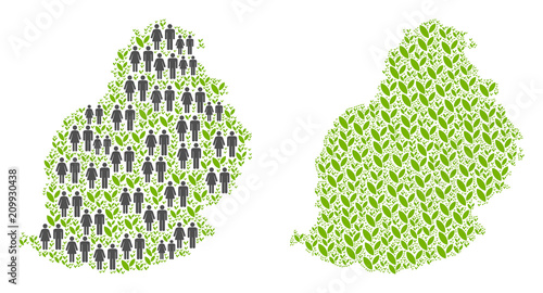 People population and environment Mauritius Island map. Vector collage of Mauritius Island map constructed of scattered crowd and plantation elements in different sizes.