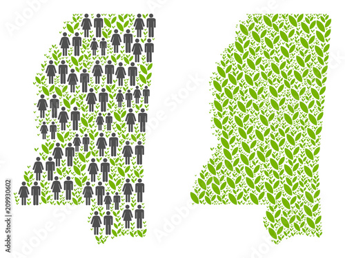 People population and flora plants Mississippi State map. Vector concept of Mississippi State map organized of random human and blossom items in different sizes.