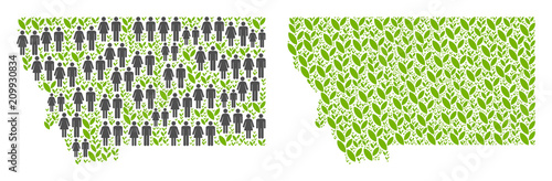 People population and eco Montana State map. Vector concept of Montana State map composed of random people couple and grass items in various sizes.