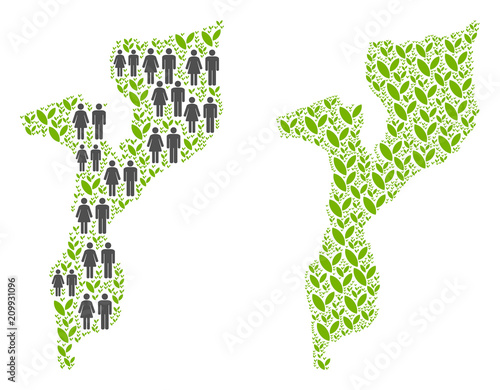 People population and flora Mozambique map. Vector abstraction of Mozambique map constructed of randomized family and plantation items in variable sizes.