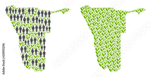 People population and grass Namibia map. Vector abstraction of Namibia map done of random people couple and sprout items in various sizes.