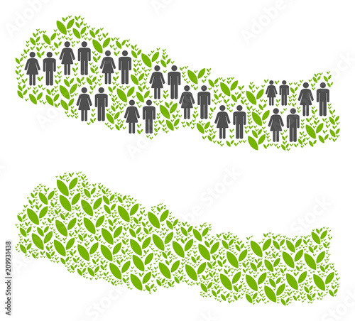 People population and grass Nepal map. Vector composition of Nepal map created of scattered people couple and flora items in various sizes. Abstract social scheme of national group cartography.