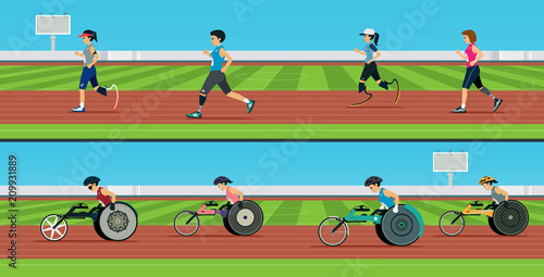 Disabled runners compete in treadmills with wheel chairs.