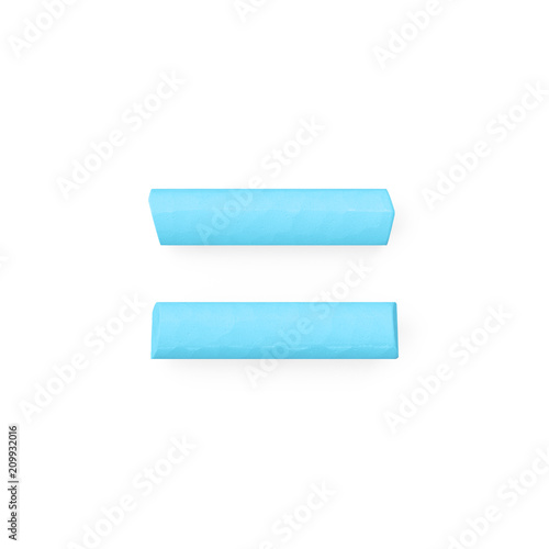 Colored sidewalk or blackboard chalks assembled like mathematical operation equality sign symbol on rough blackboard, 3D rendered