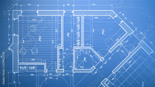 architectural blueprint - the architectural plan of a modern residential building with the layout of the interiors of different rooms, elements of furniture & equipment on a technological background